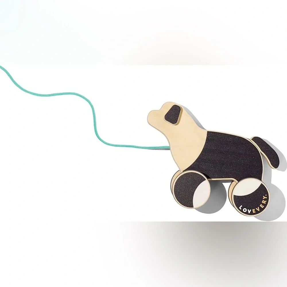 LOVEVERY |The Pull‎ Pup | Wooden Push Pull Toy, Black/White/Natural Wood toddler